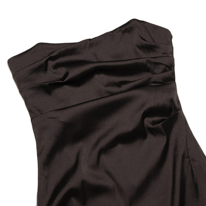 Strapless Ruched Asymmetric Draped Hem Satin Mini Dress