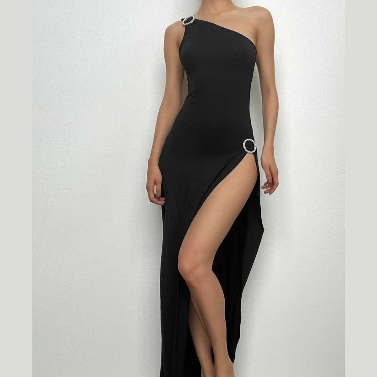 One Shoulder Rhinestone Ring High Slit Bodycon Maxi Dress