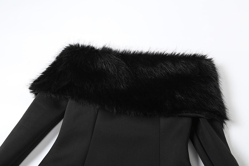 Off Shoulder Faux Fur Trim Long Sleeve A-Line Mini Dress