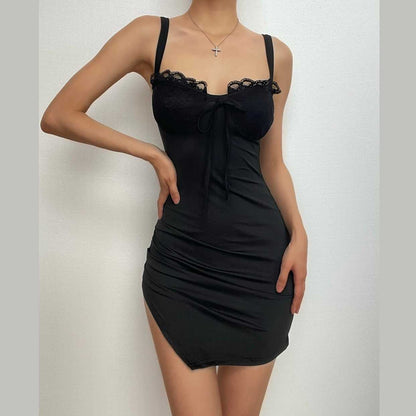 Ruched Sleeveless Lace Slit Self Tie Backless Mini Dress