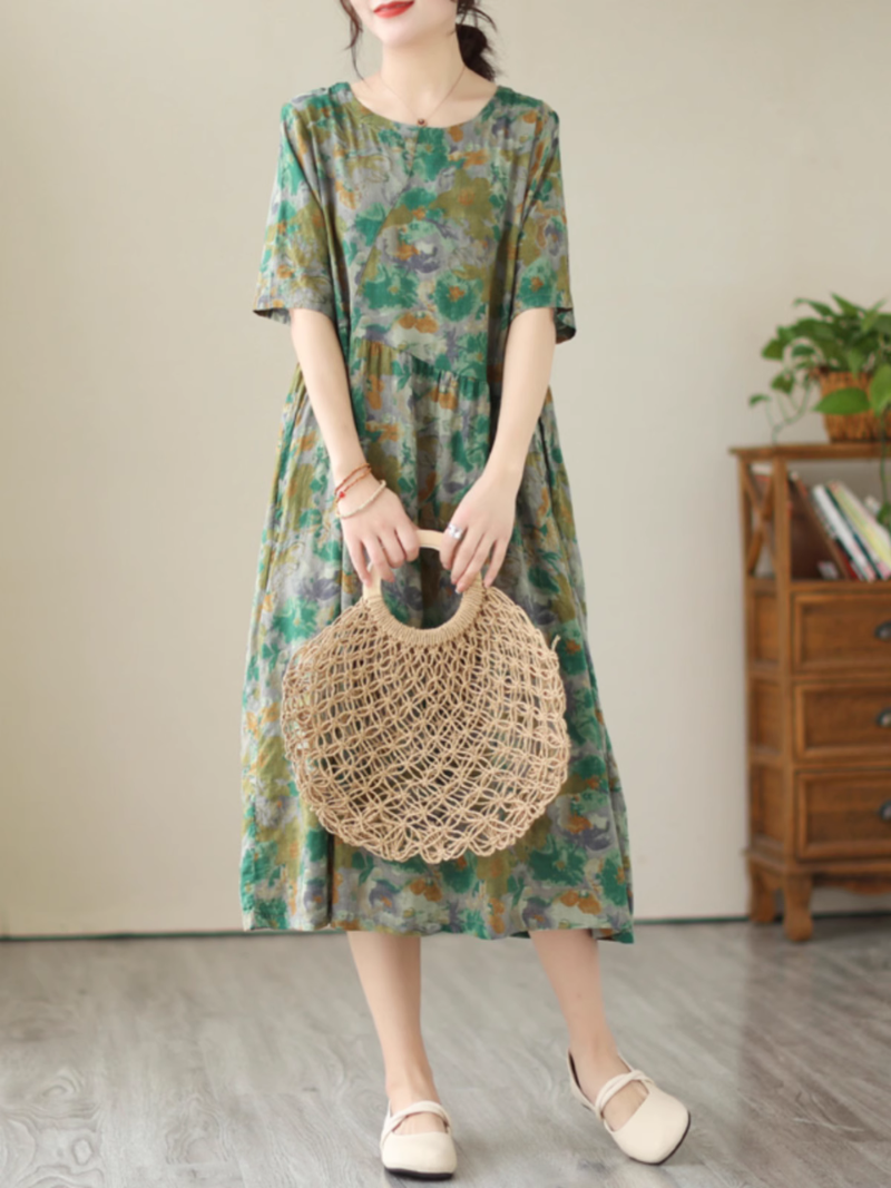 Round Neck Short Sleeve Abstract Watercolor Diagonal Gathered Midi Dress