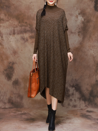 Mock Neck Batwing Sleeve Diagonal Rib Asymmetrical Hem Oversized Midi Sweater Dress