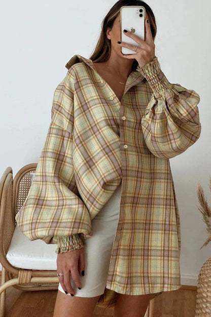Plaid Oversized Balloon Sleeve Button Front Shirt Mini Dress