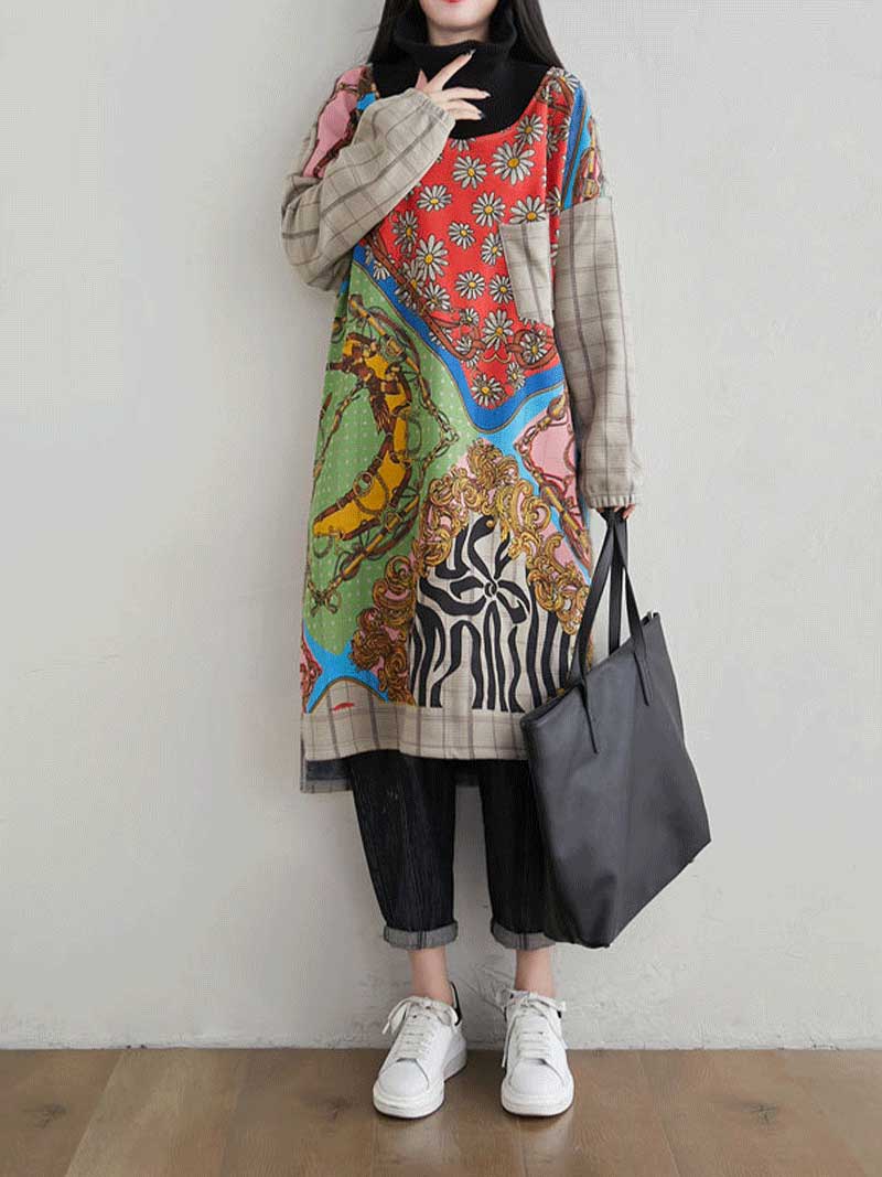 High Neck Long Sleeve Sweater Midi Dress