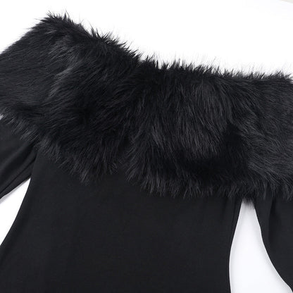 Off Shoulder Faux Fur Trim Long Sleeve Bodycon Maxi Dress