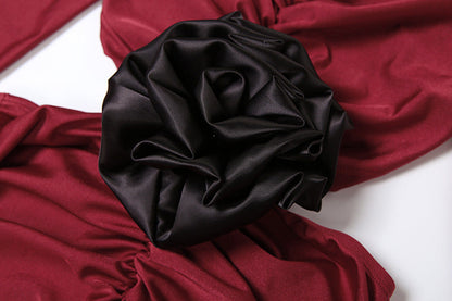 Deep V-Neck Long Sleeve Side Cutout Rosette Waist Ruched Maxi Dress