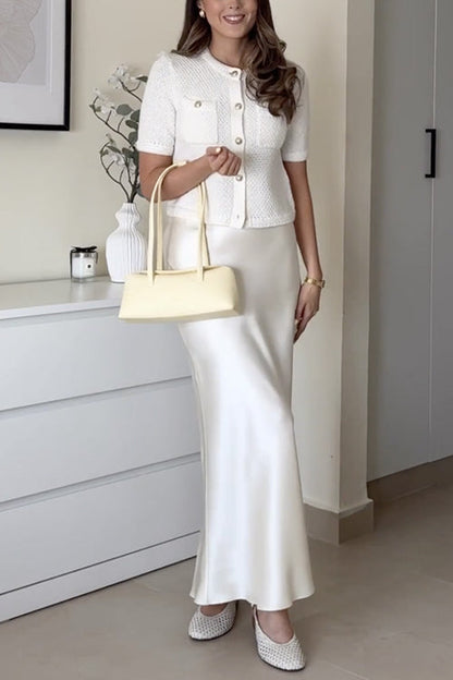 Elegant High Rise Satin Midi Skirt