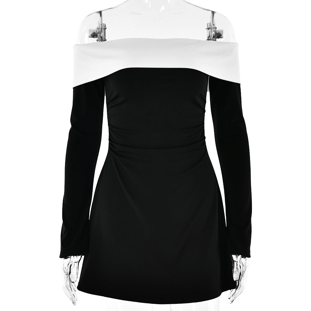Off Shoulder Contrast Band Long Sleeve Mini Dress
