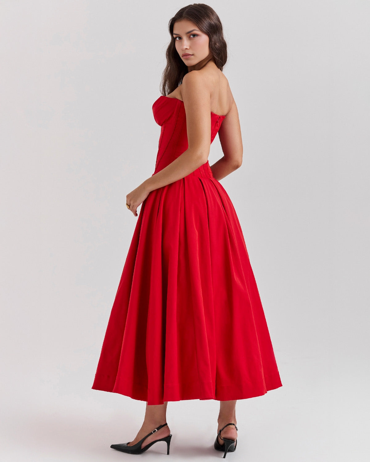 Strapless Corset Sweetheart Neckline Box Pleat A-Line Midi Dress