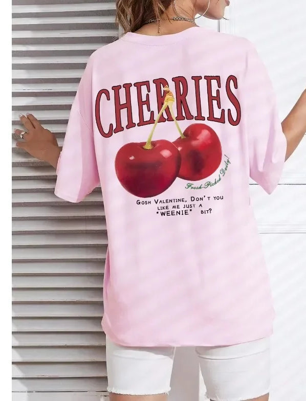 Cherry Print Loose Cotton T-shirt