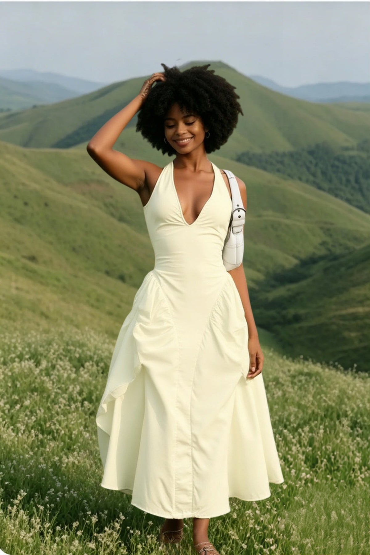 Halter Plunging V Drop Waist Pleated Midi Dress