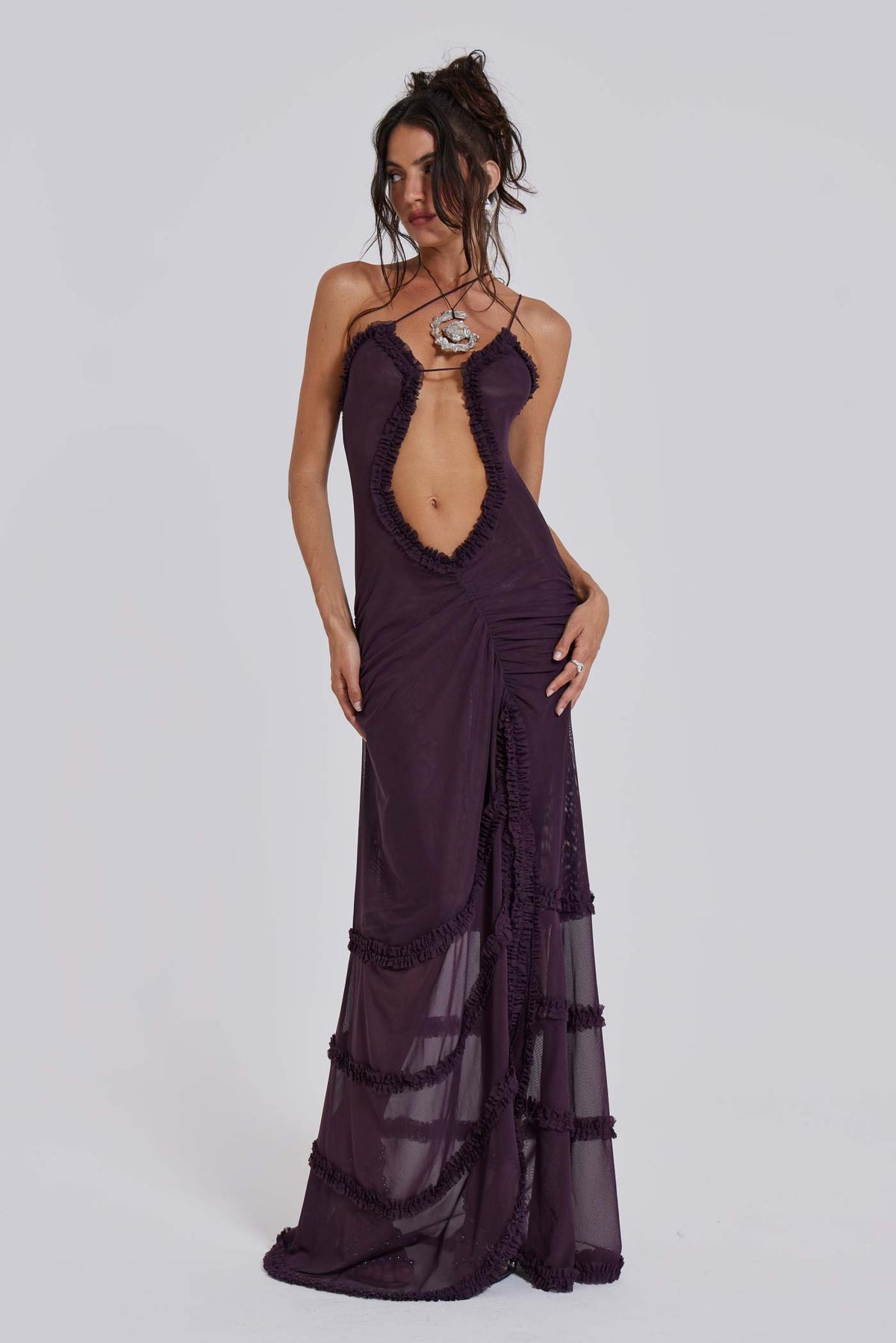 Mixed Print Keyhole Cutout Ruffle Trim High Slit Maxi Dress