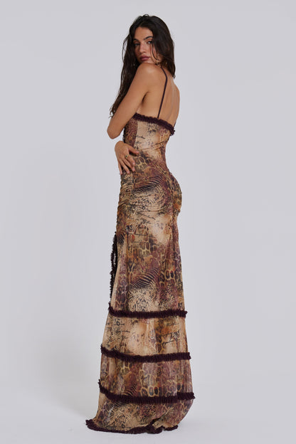 Mixed Print Keyhole Cutout Ruffle Trim High Slit Maxi Dress