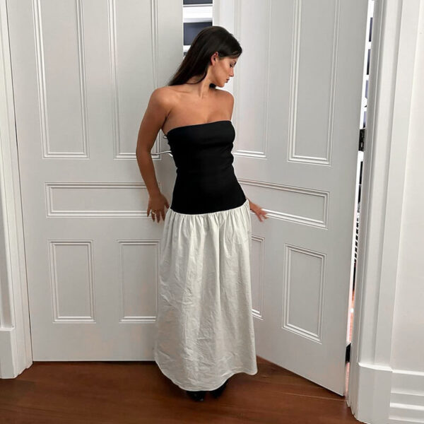 Strapless Ribbed Bodice Gathered Poplin Column Maxi Dress