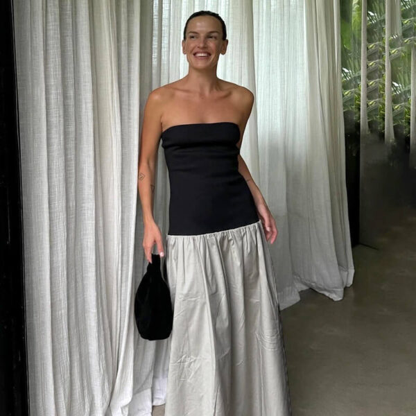 Strapless Ribbed Bodice Gathered Poplin Column Maxi Dress