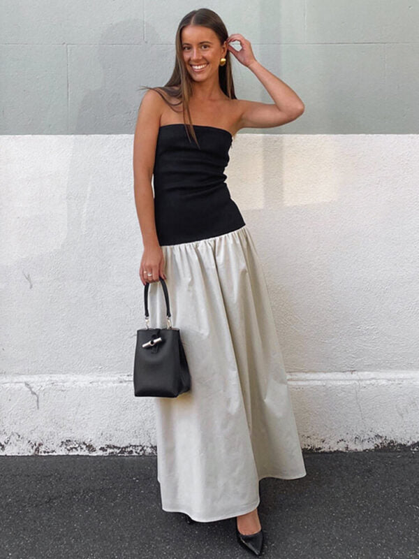 Strapless Ribbed Bodice Gathered Poplin Column Maxi Dress