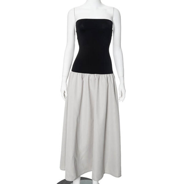 Strapless Ribbed Bodice Gathered Poplin Column Maxi Dress