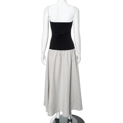 Strapless Ribbed Bodice Gathered Poplin Column Maxi Dress