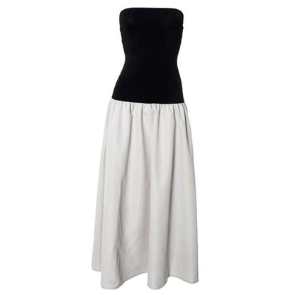 Strapless Ribbed Bodice Gathered Poplin Column Maxi Dress
