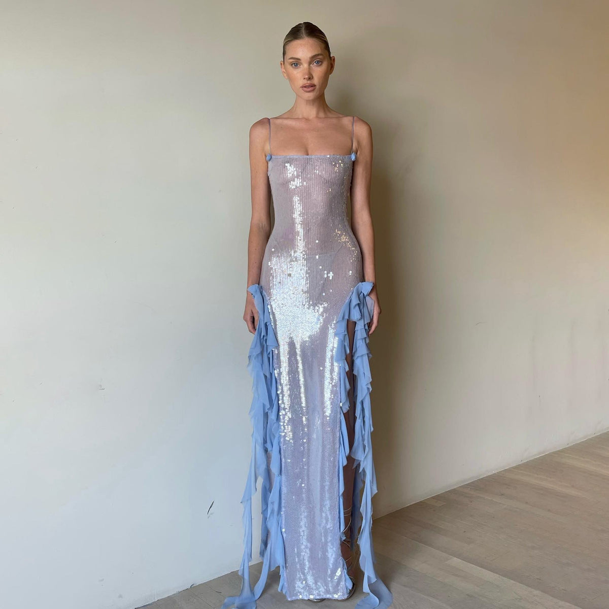 Spaghetti Strap Sequin Side Ruffle Tier Maxi Gown