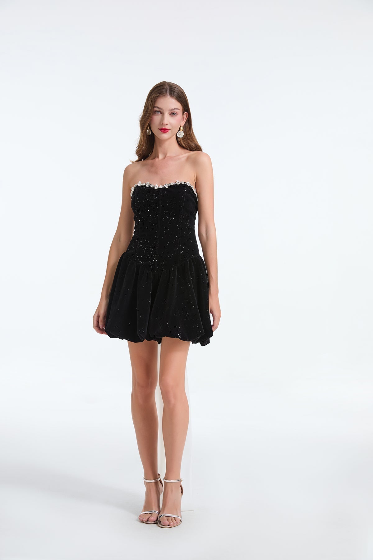 Pearl Trim Strapless Corset Bubble Skirt Long Sash Mini Dress
