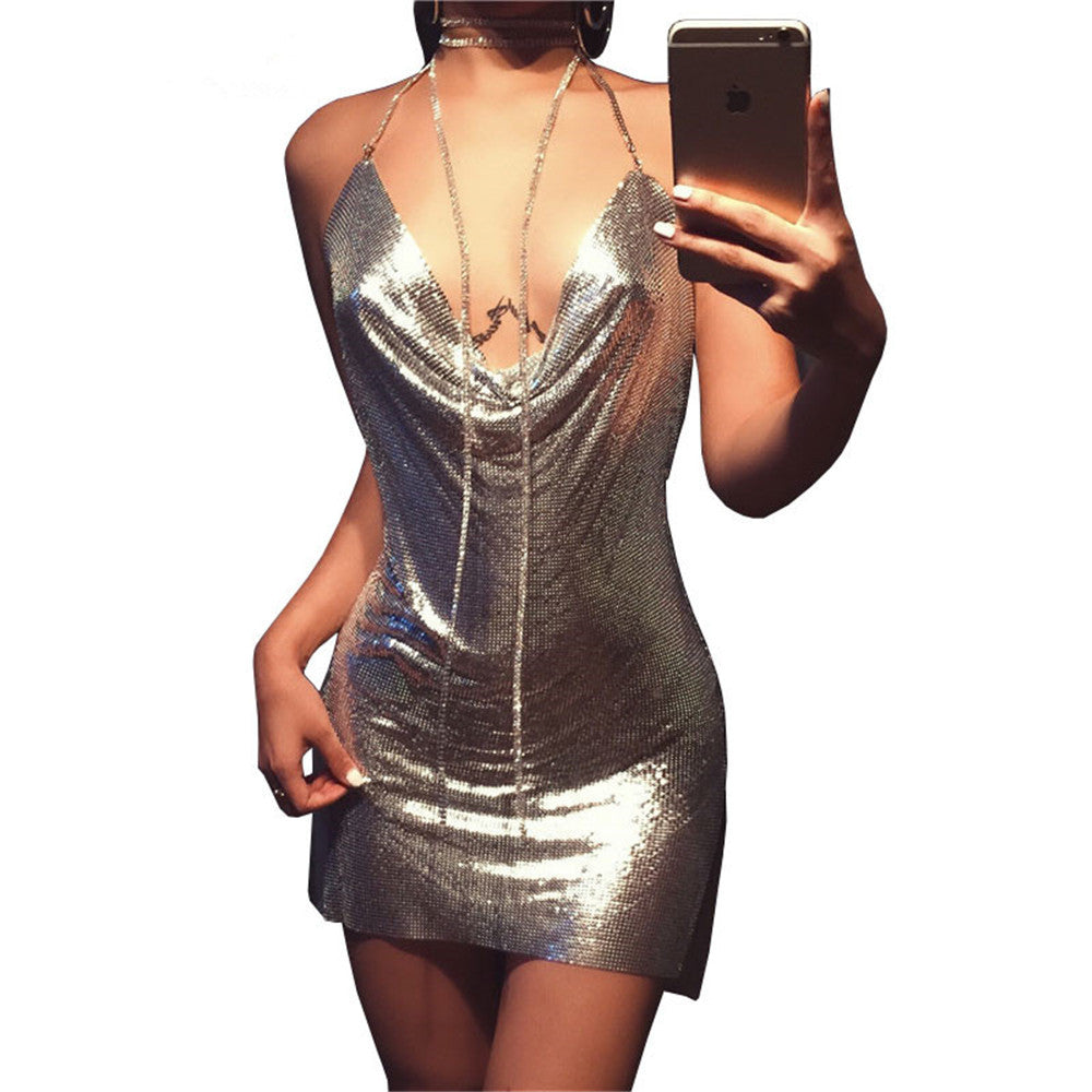 Halter Neck Chainmail Fringe Trim Bodycon Mini Dress