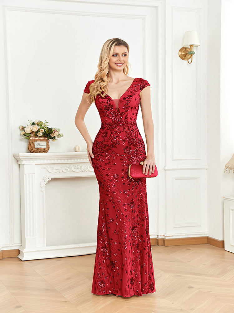 Deep V Neck Cap Sleeve Floral Sequin Embroidered Mermaid Maxi Gown