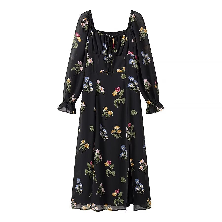 Square Neck Tie Front Ditsy Floral Sheer Sleeve High Slit Midi Dress