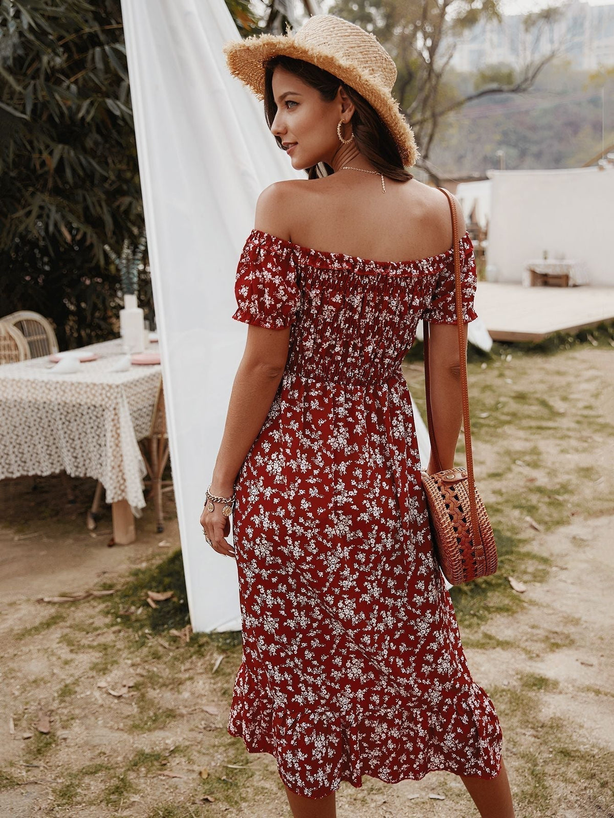 Off Shoulder Smocked Ditsy Floral Ruffle Midi Dress