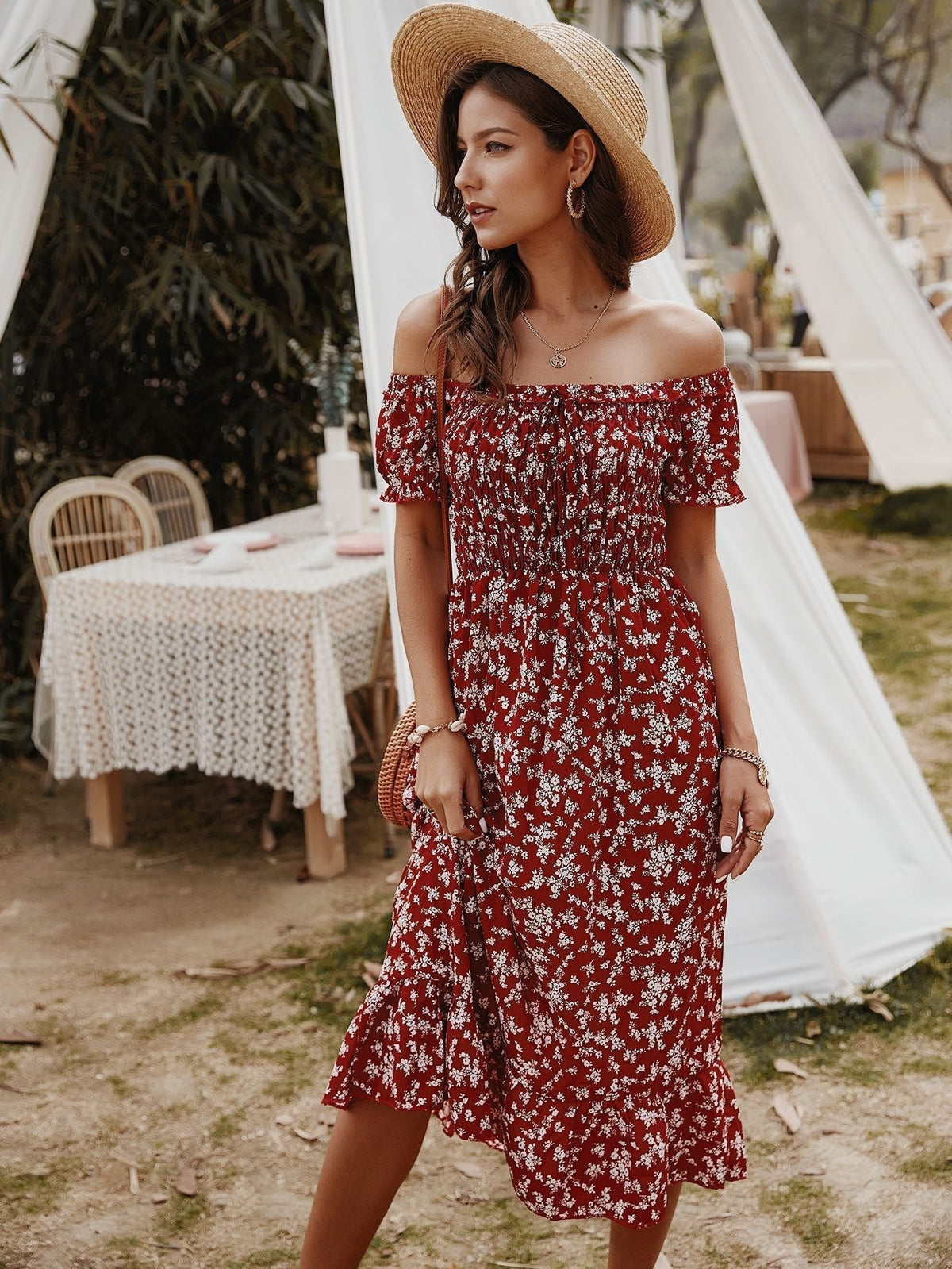 Off Shoulder Smocked Ditsy Floral Ruffle Midi Dress