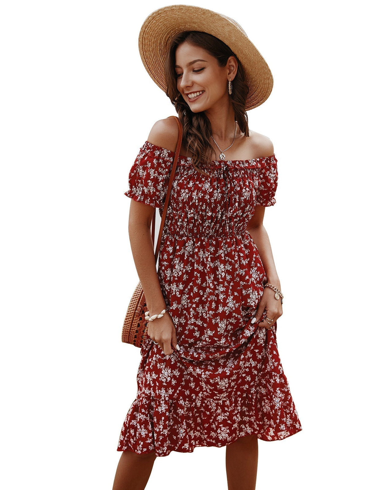 Off Shoulder Smocked Ditsy Floral Ruffle Midi Dress