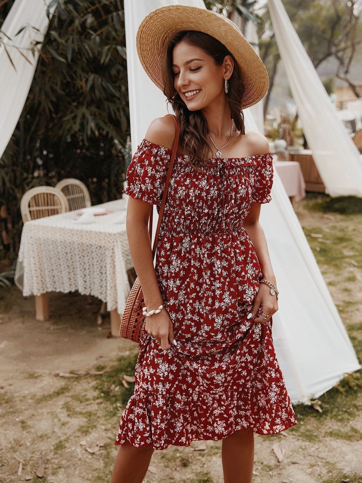 Off Shoulder Smocked Ditsy Floral Ruffle Midi Dress