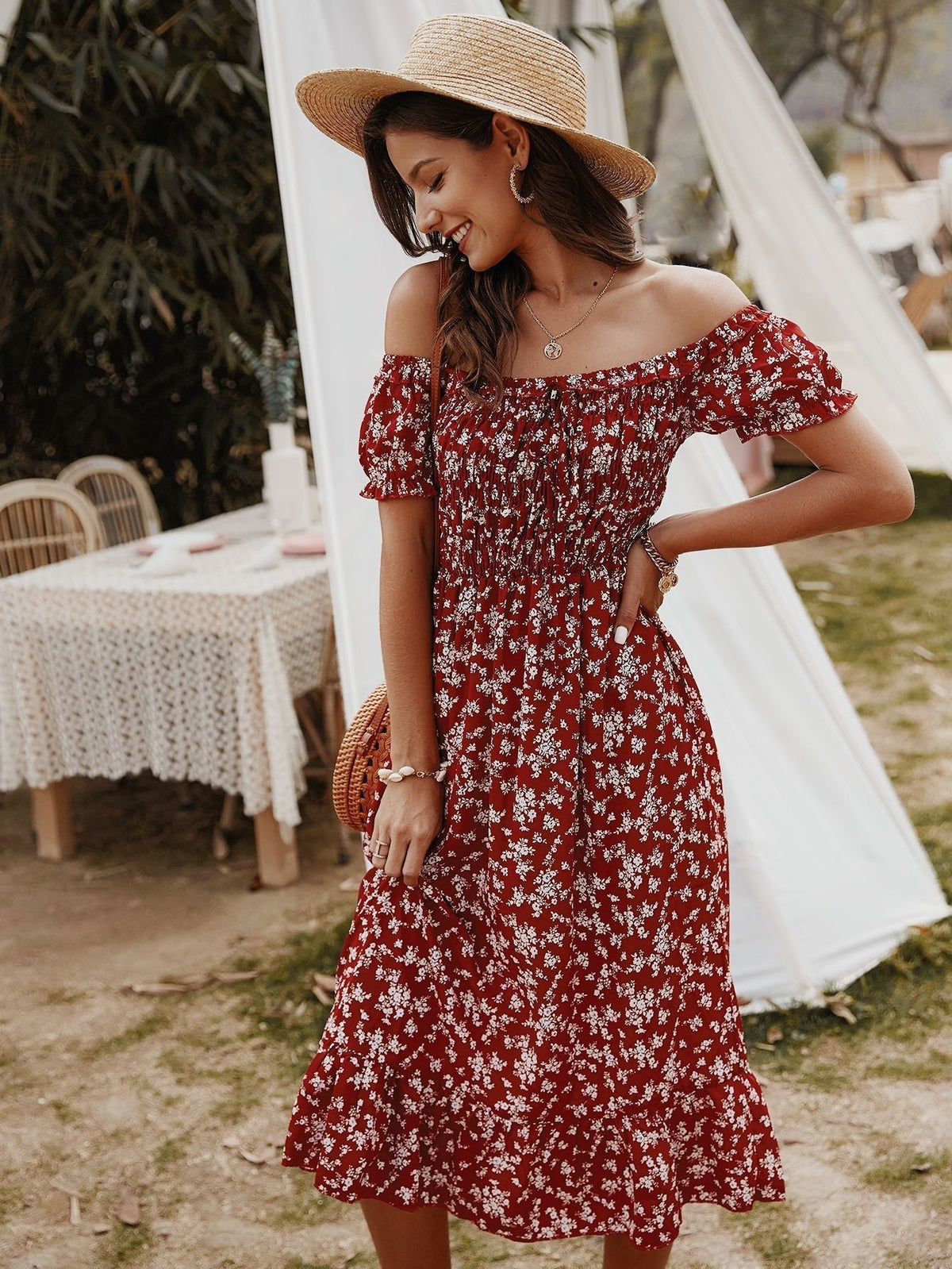 Off Shoulder Smocked Ditsy Floral Ruffle Midi Dress