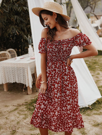 Off Shoulder Smocked Ditsy Floral Ruffle Midi Dress