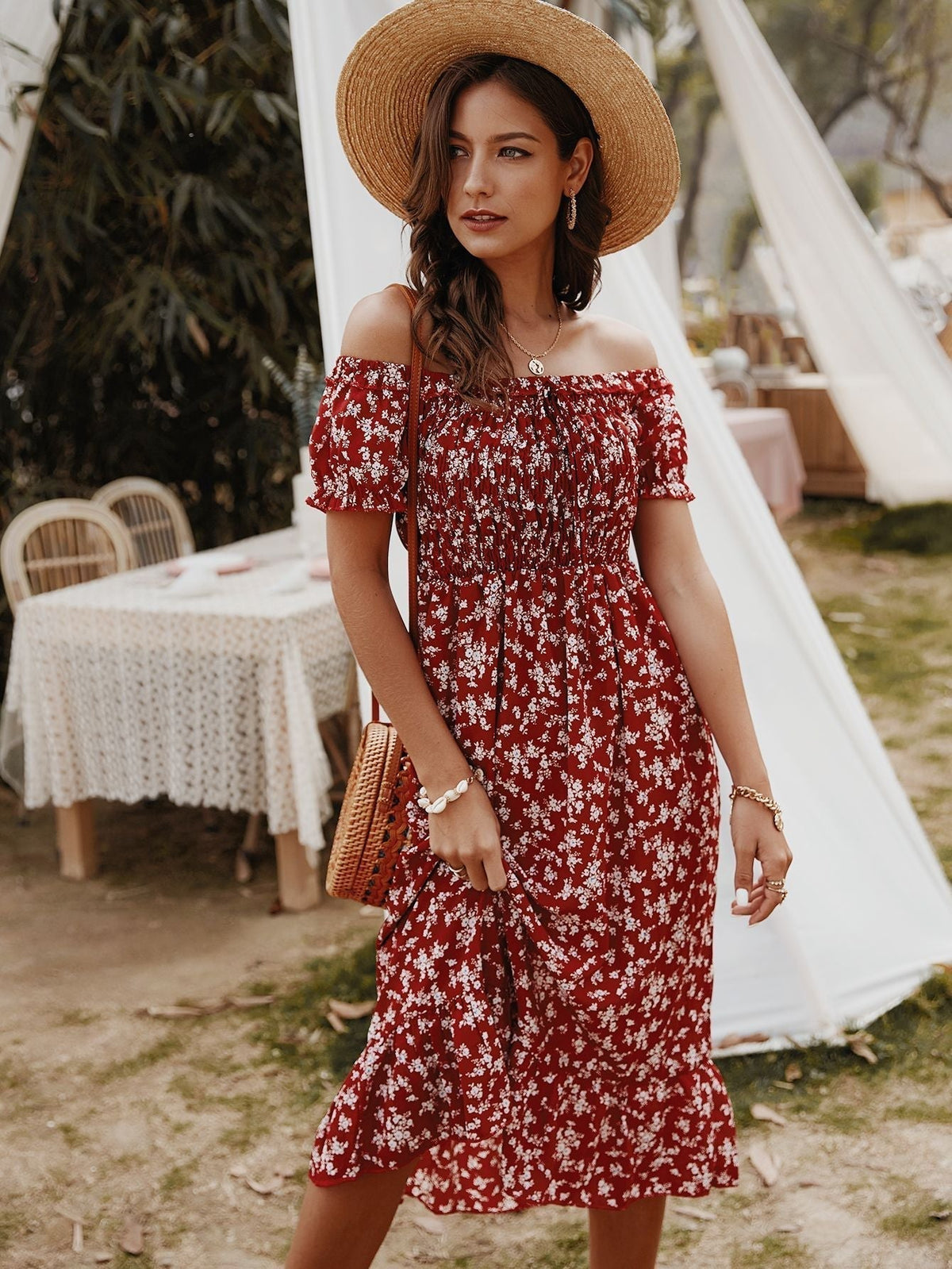 Off Shoulder Smocked Ditsy Floral Ruffle Midi Dress