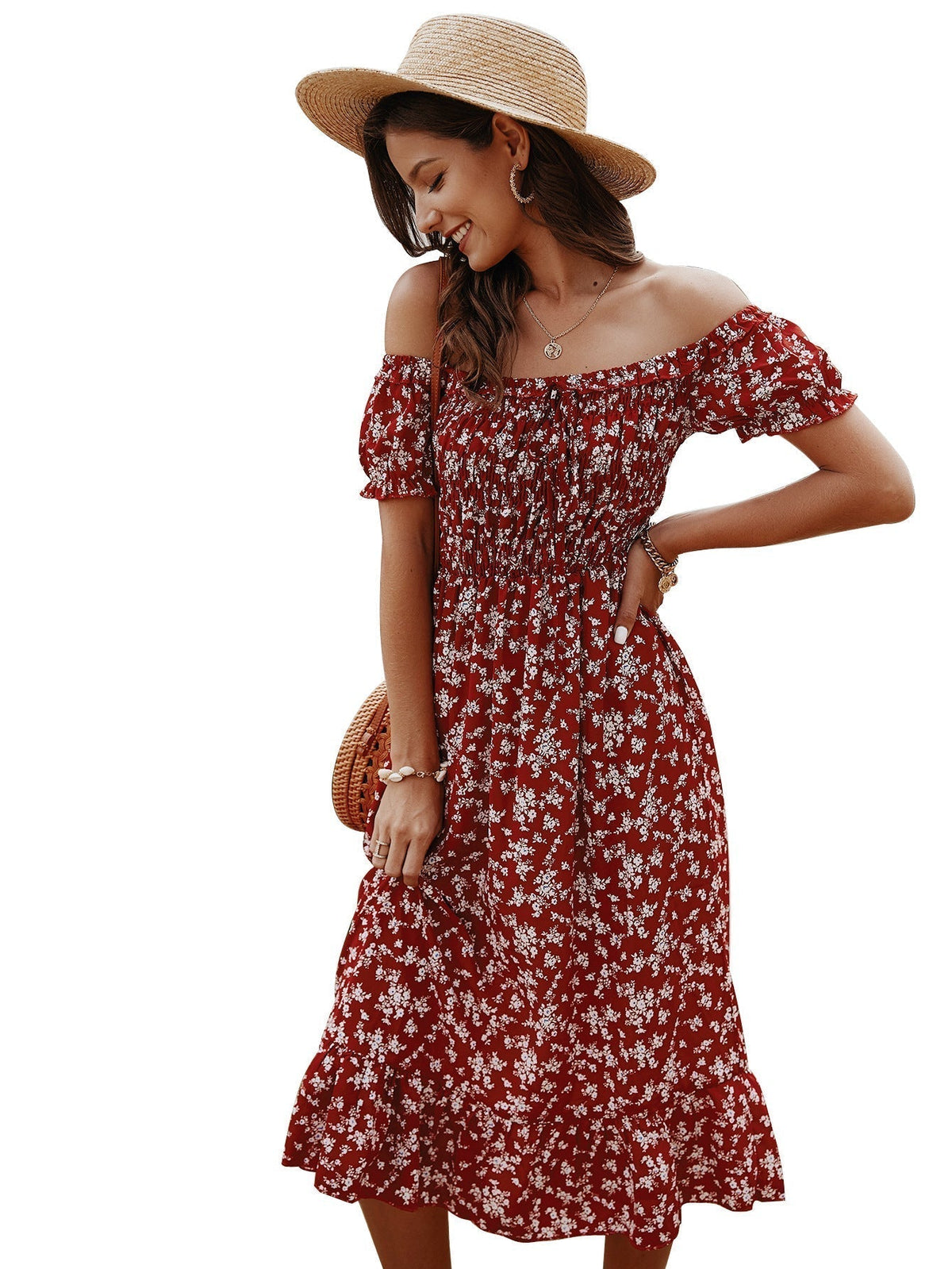 Off Shoulder Smocked Ditsy Floral Ruffle Midi Dress