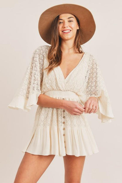 Deep V Lace Kimono Sleeve Smocked Waist Button Front Ruffle Mini Dress