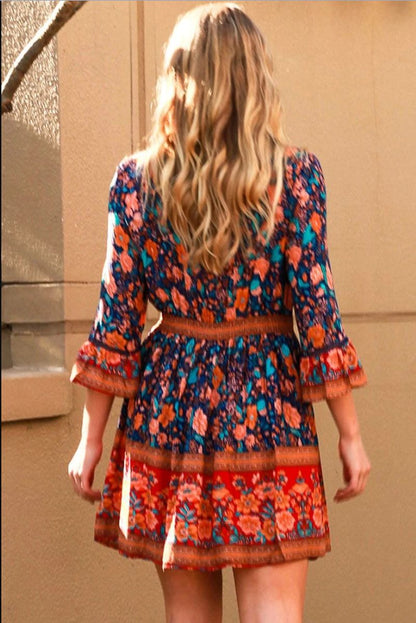 Collared Button Front Tassel Trim Geometric Print Shirt Dress