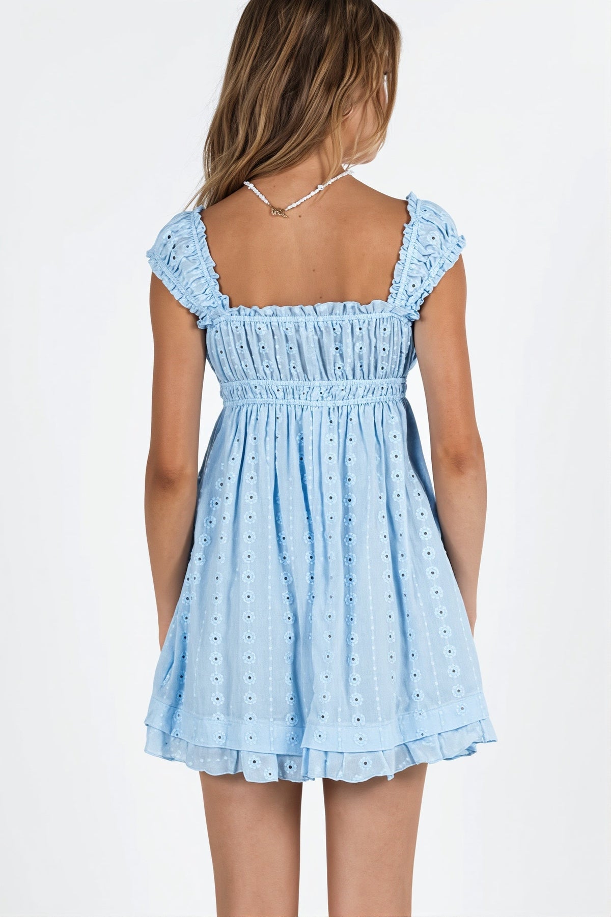 Square Neck Ruffle Strap Eyelet Embroidered Empire Waist Mini Dress