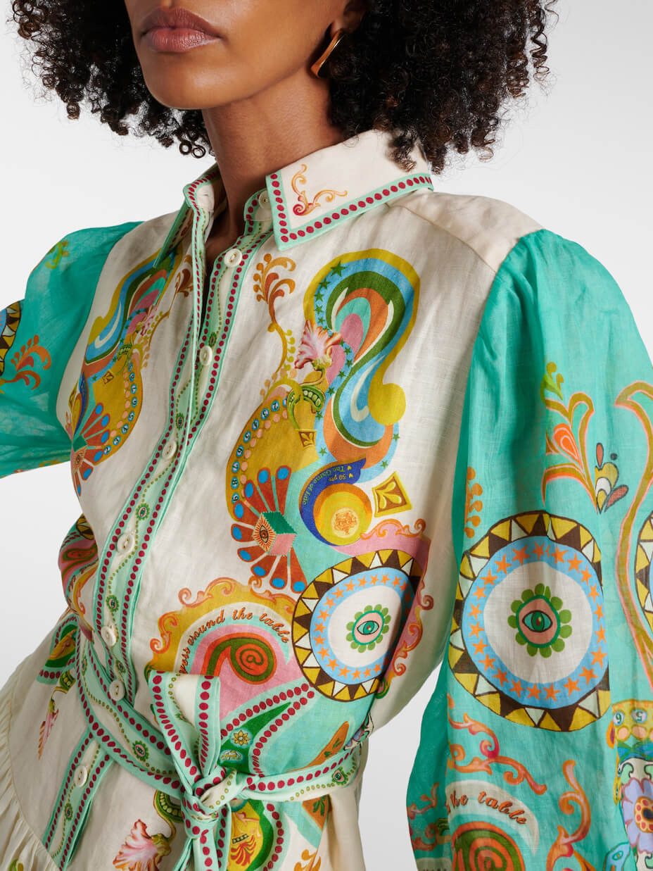 Ornamental Print Puff Sleeve Tie Waist Button Down Shirt Midi Dress