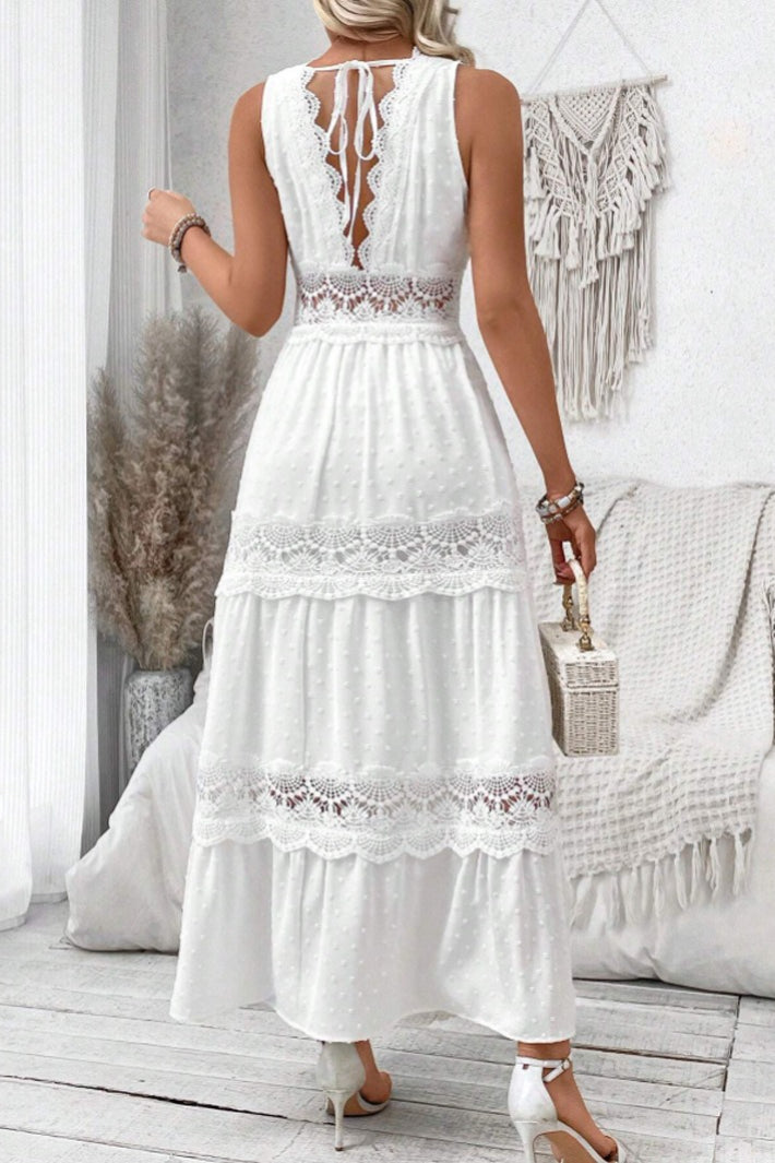 V Neck Lace Patchwork Sleeveless Boho Dress