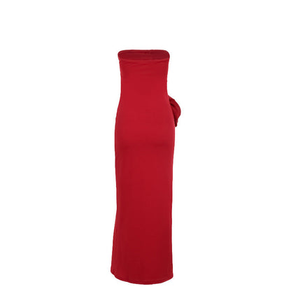 Strapless Sweetheart Rosette Applique High Slit Column Maxi Dress