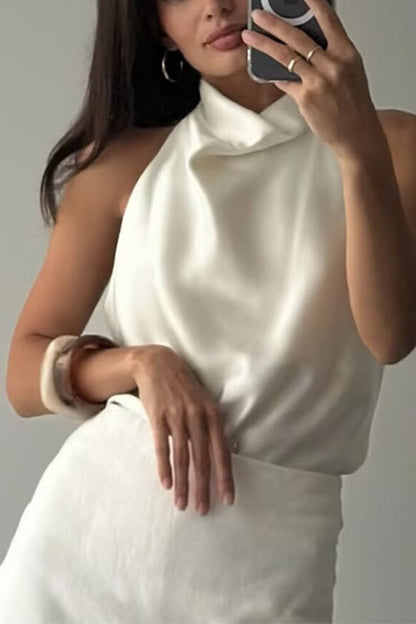 Chic Halter Cowl Neck Sleeveless Satin Top