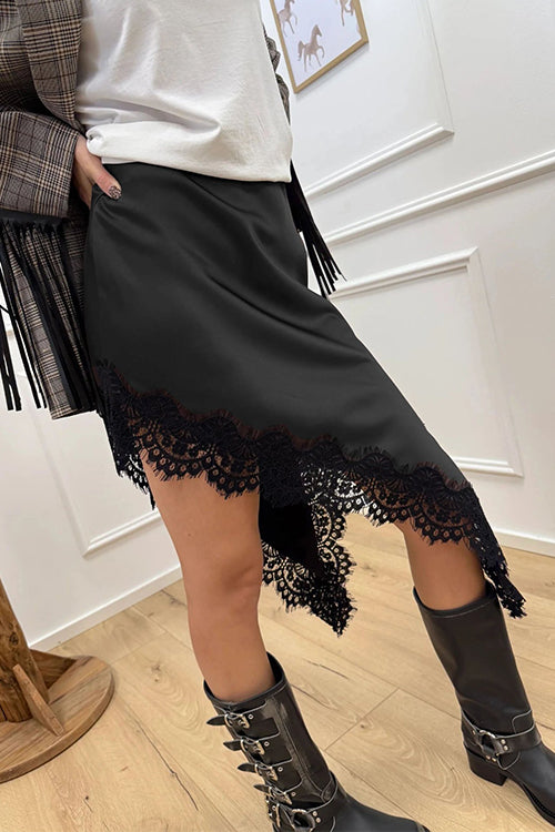 Lace Trim Side Slit Irregular Satin Skirt