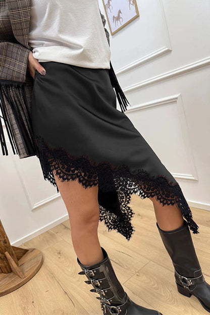 Lace Trim Side Slit Irregular Satin Skirt