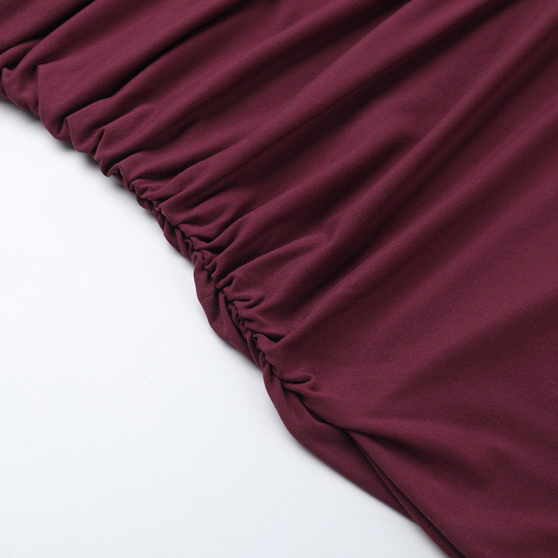 Cowl Neck Buckle Strap Ruched Bodycon Maxi Dress