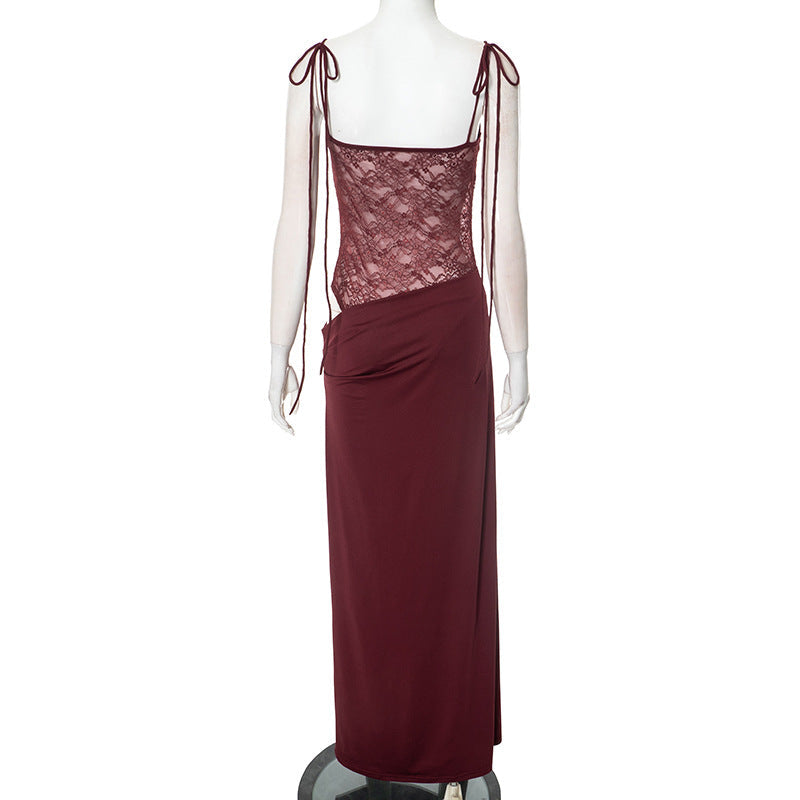 Spaghetti Strap Square Neck Lace Panel Maxi Dress