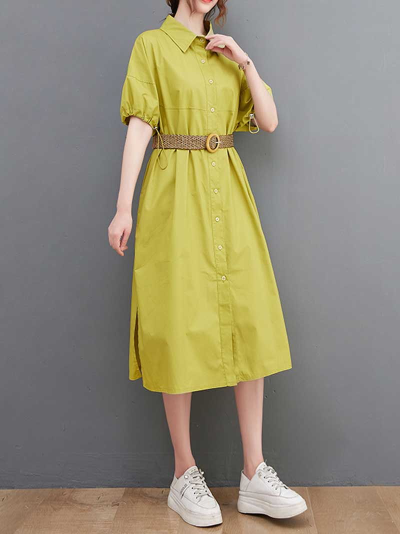 Pointed Collar Button Front Belted Cotton Shirt Midi Dress