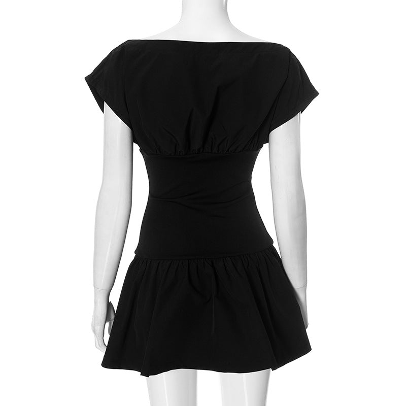 Boat Neck Cap Sleeve Fit and Flare Pleated Skater Mini Dress