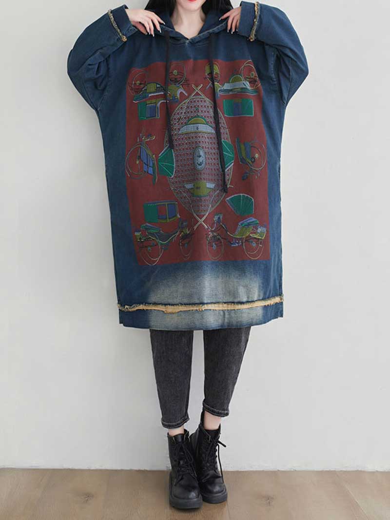 Hooded Drawstring Frayed Hem Graphic Print Oversized Sweatshirt Midi Dress